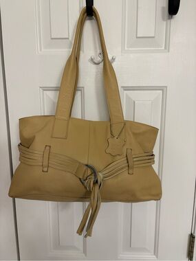 Vintage Bloomingdale's Tan Leather Shoulder Tote with Knot Detail